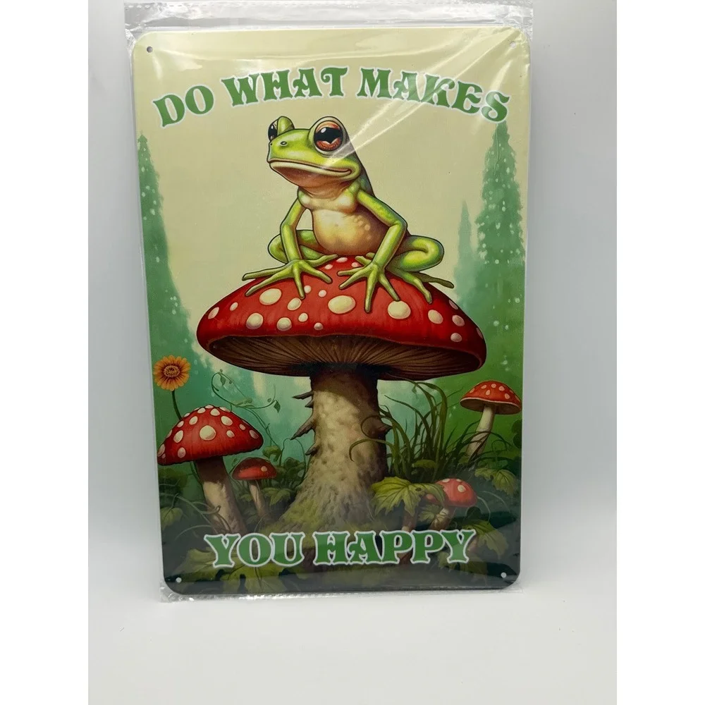 Do What Makes You Happy Frog Mushroom Metal Tin Sign Cottagecore Wall Set of 2